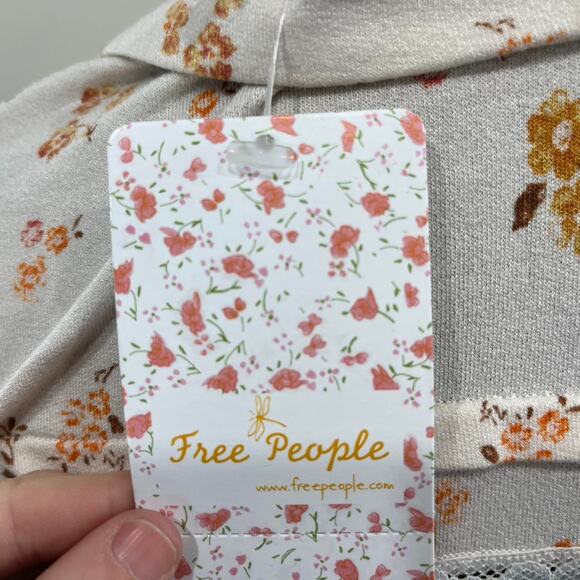 Free People Cream Floral Lace Trim Long Sleeve Mini Dress - Picture 4 of 6